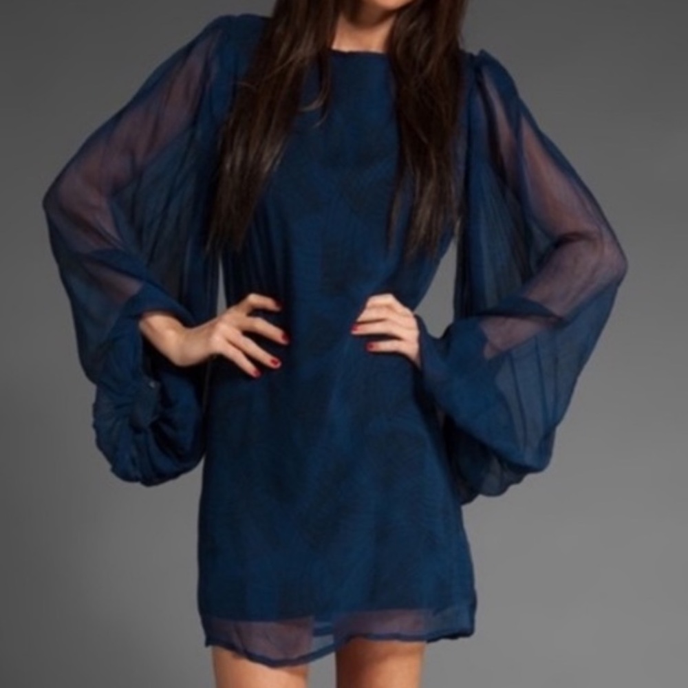 Winter Kate Blue/Black Print Chiffon Dixie 100% Vintage Silk Mini Dress